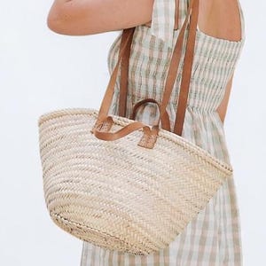 French Market Basket Bag With Leather Handles