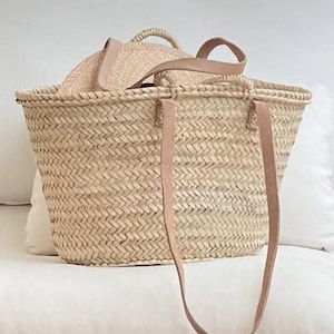 French Market Basket, Handmade Woven Moroccan Bag, Straw Basket with Double Leather Handles