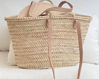Cesta de mercado francesa, bolsa marroquina tecida à mão, cesta de palha com alças duplas de couro.