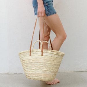 French Basket, Handmade Woven Moroccan Basket, XL Market Basket with Double Leather Handles