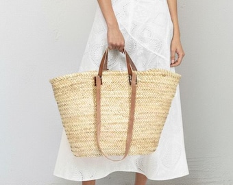 Bolso cesta de paja - Bolso cesta de mercado francés con asas de cuero