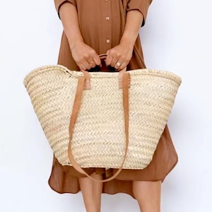 French Market Basket Bag With Leather Handles