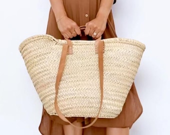French Market Basket Bag With Leather Handles