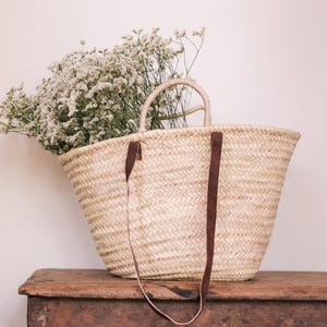 French Basket, Handmade Woven Moroccan Basket, Market Basket with Double Leather Handles