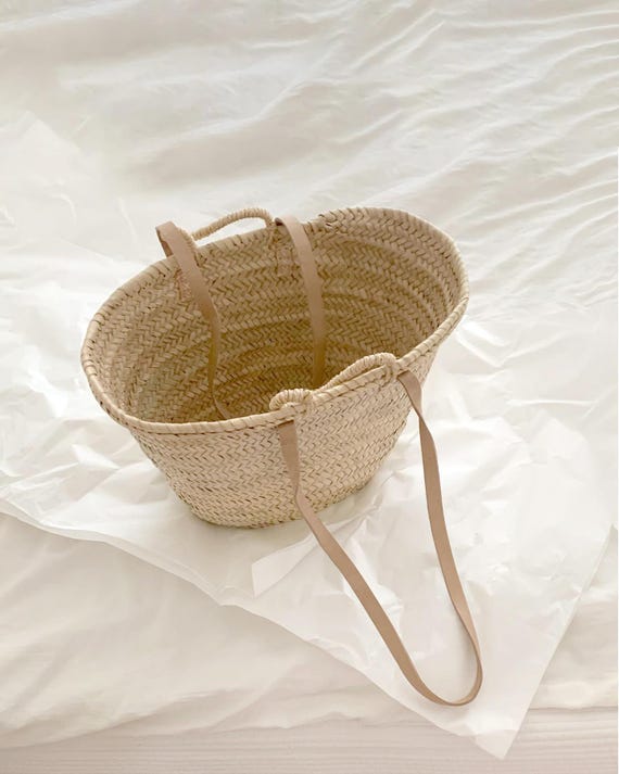 French Basket, Handmade Woven Moroccan Basket, Market Basket with Double Leather Handles
