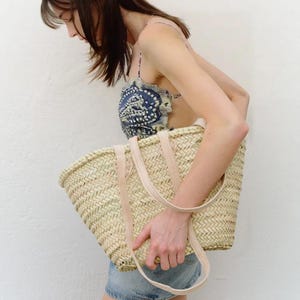 French Market Basket With Double Leather Handles, Moroccan Straw Bag