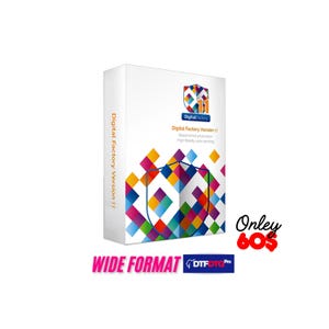 Op de afbeelding: Een witte doos met de tekst "Digital Factory Version 11" en een kleurrijk geometrisch ontwerp. De doos bevat ook de woorden "WIDE FORMAT" en "DTF DTG Pro."