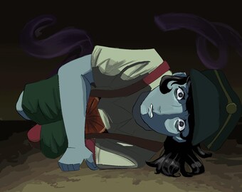 Könnte beinhalten: Eine blauhautige Person mit schwarzen Haaren liegt auf dem Boden. Sie trägt ein grünes und braunes Outfit mit einer roten Schleife und einen grünen Hut mit einem goldenen Knopf. Die Person scheint verzweifelt zu sein.