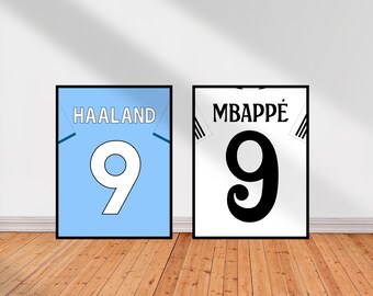 Set of 2 prints Haaland Mbappé jersey poster set printable, Printable Football Jersey Poster Bundle, Haaland, Mbappé, Football jersey poster