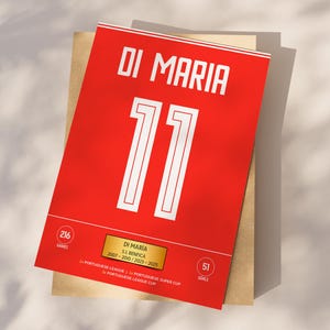 Może przedstawiać: Czerwony plakat z napisem "DI MARIA" białymi literami i numerem "11". Szczegóły dotyczące pobytu Di Marii w S.L. Benfica, ze statystykami meczów i bramek. Neutralne tło.