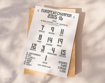 Real Madryt 2016 Mistrzowie wydruk, Plakat piłkarski do druku, Prezent dla syna, Plakat Real Madryt, Natychmiastowe pobranie, Prezent Real Madryt, Dekoracje dla dzieci
