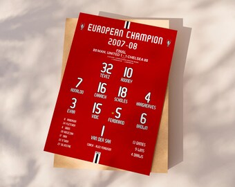 Impresión de la Champions League 2008 del Manchester United, póster de fútbol imprimible, Manchester Utd, póster del Manchester Utd, descarga instantánea, regalo del Manchester United