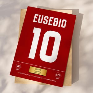 Może przedstawiać: Czerwony plakat z białym napisem "EUSEBIO" i numerem "10". Plakat zawiera szczegóły dotyczące kariery Eusebio, w tym 440 meczów i 473 gole, oraz jego czas w SL Benfica. Tło jest neutralne.