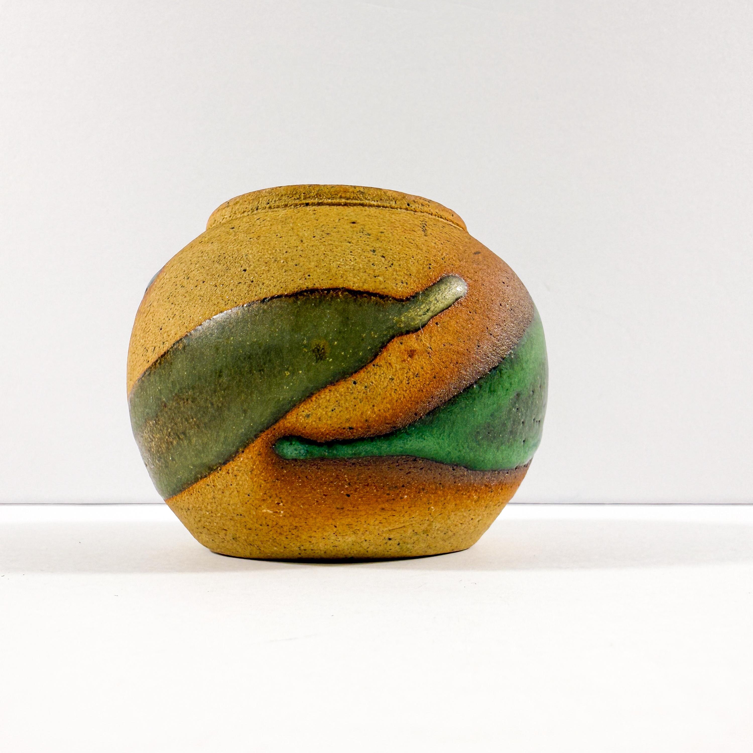 Small 1987 Studio Art Pottery Jar | Earthy Textured Glaze with Green & Black Drips
