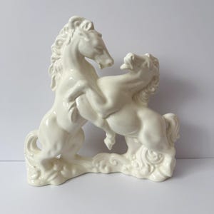 Vintage White Porcelain Fighting Horses Figurine – Mid Century Modern Stallion Statue