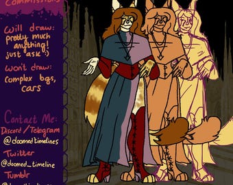 Könnte beinhalten: Werbung für digitale Kunst-Commissions mit drei anthropomorphen Fuchskarakteren in mittelalterlicher Kleidung. Der Text enthält Informationen zu den Arten von Aufträgen, Kontaktinformationen und Preisen. Die Farbpalette ist warm, mit Braun-, Orange- und Blautönen.