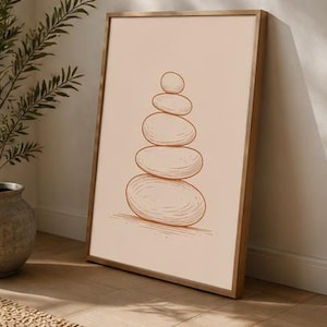 Balancing Stones Print | Zen Cairn Wall Art | Minimalist Line Art Poster | Terracotta Meditation Decor | Spa Bathroom Art