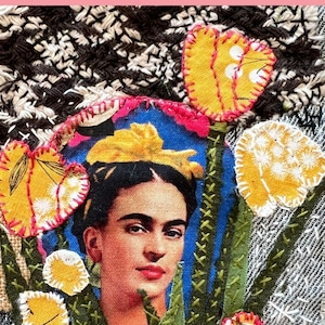 Custom Frida Kahlo sewing slow stitch jean patch kit with instructions. The art of visible mending.