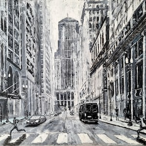 May include: A black and white painting of a city street scene. The street is lined with tall buildings, and there are cars and people walking on the sidewalk. The painting is done in a stylized, abstract style.