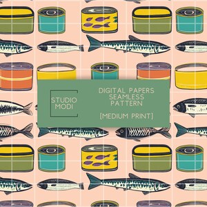 May include: Seamless pattern featuring illustrations of sardines and canned fish in various colors, including green, yellow, and orange, set against a light pink grid background. The design includes the text "DIGITAL PAPERS SEAMLESS PATTERN [MEDIUM PRINT]" and "STUDIO MODI".