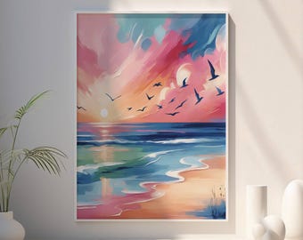 Colorful Beach Sunset Print: Abstract Ocean Wave Art (Digital Download)