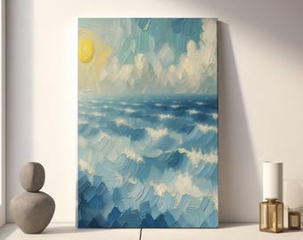 Ocean Tropical Wall Art Print | Blue Abstract Seascape Digital Print | Textured Beach Oil Painting Style | Coastal Decor Poster