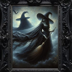 Gothic Witches Halloween Print Spooky Moonlight Forest Wall Art Oil Paint Style Decor Haunted Forest Digital Download Halloween Poster