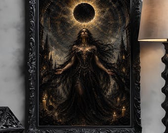 May include: A framed wall art print featuring a dark, gothic-style illustration of a figure in a flowing black gown beneath a glowing eclipse, flanked by tall spires and lit candles, set beside a black table lamp and a geometric black sculpture.
