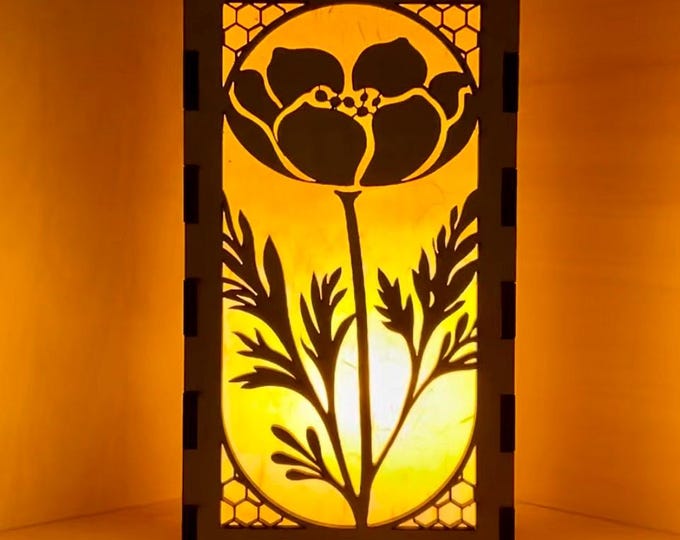 Golden Poppy Wooden Lantern Tower – Flame-Effect LED Table Lantern – Handcrafted Paper Light – Indoor Accent
