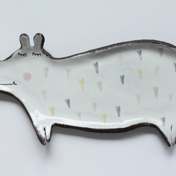 hippo spoon rest - ceramic spoon rest, hippo plate, hearts, pastel