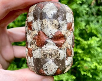 Patchwork Pattern Slipware Swirl Stone Block Ceramic Rattle // Handmade Abstract Sculpture