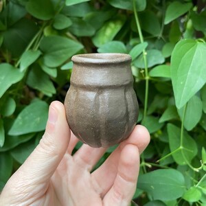 May include: A small, handcrafted brown ceramic vessel with a rounded body and a slightly flared rim. The exterior features vertical, subtly ribbed detailing. The piece is held against a backdrop of green foliage, highlighting its earthy tones and organic form.