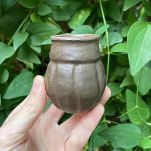 May include: A small, brown ceramic vase with a textured, ribbed design. The vase has a rounded body and a slightly flared rim. The background features green foliage.