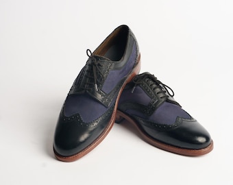 Handgjorda tvåfärgade Oxford Brogue-skor för män - Marinblå och svarta läderskor med vingspets