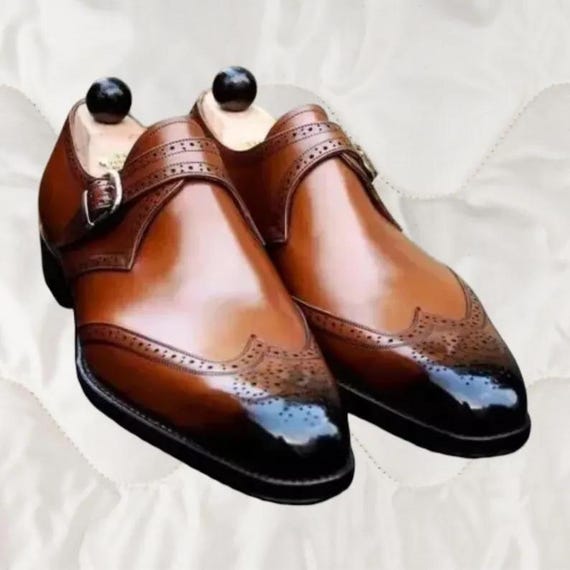 Handmade Mens Wingtip Brogue Monk Formal Shoes, Men Brown Dress Shoes