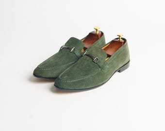 Handmade Green Suede Loafers - Italian Style Slip On Dress Shoes