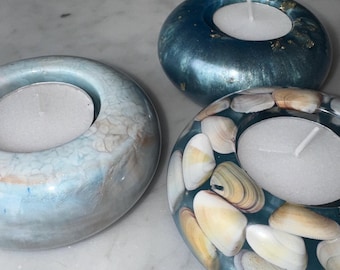 Resin Tea Light Candle Holder Set: Ocean Shells, Beach Decor