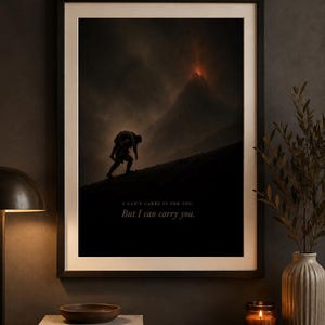 May include: A framed wall art print featuring a dark, moody landscape with a silhouette of one figure carrying another up a mountain toward a glowing peak. The text reads: I CAN'T CARRY IT FOR YOU. But I can carry you. The print has a white mat.
