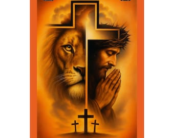 Religious Poster, Lion of Juda Jesus Wall Art, Christian Home Decor Print, Biblical Artwork, Inspirational Lion Painting, Matte Vertical