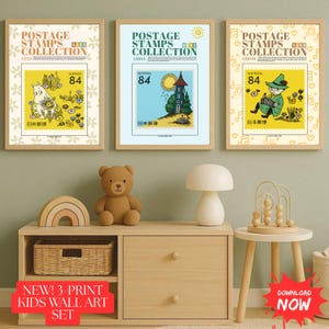 Moomin Japan Stamp Wall Art Set | Printable Kids Room Decor | Retro Nursery Poster Trio | Instant Download PDF Prints, Kawaii, moomin