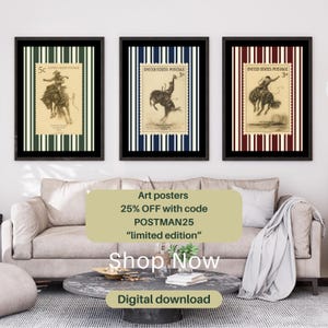 Vintage Cowboy Stamp Art Print Set: Rustic Western Decor (Digital Download)
