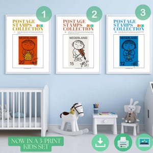 Set de pósteres de sellos infantiles holandeses: 3 sellos vintage imprimibles de Bruna / Arte mural para habitación infantil / Tema musical infantil / Impresión artística digital descargable