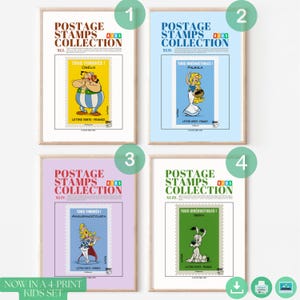 Asterix ART Printable Wall Art – 4 französische Comic Briefmarken Poster | Perfekt für Kinder UND Retro-liebende Erwachsene - Digitales Kinderzimmer Dekor