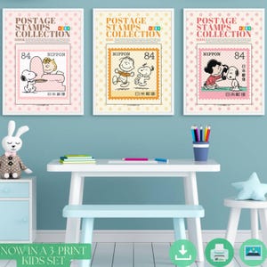 Set di timbri da parete stampabili Peanuts Snoopy - Decorazioni per la cameretta dei bambini in colori pastello - 3 poster di cartoni animati da scaricare digitalmente