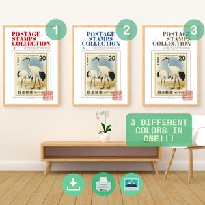 Póster digital de grulla de corona roja – Arte mural de aves vintage – Decoración de vida silvestre imprimible
