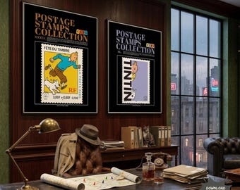 Tintin Poster Set of 2, Detective Office Decor, Vintage Comic Wall Art, Printable Tintin Stamps, Dark Academia Mockup, Kids Room Decor