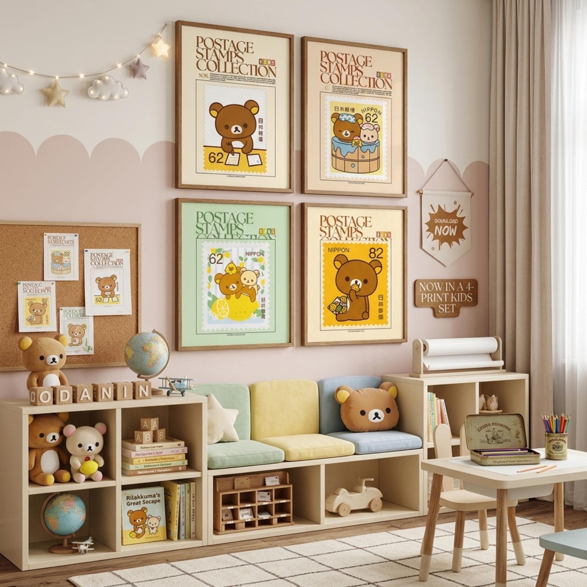 Rilakkuma Bear Stamp Art Print Set, Kawaii Nursery Poster (digital