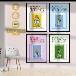 May include: Four framed posters with vintage postage stamp designs. Each poster has a black frame and features a different stamp with cartoon characters and French text. The posters are displayed on a pink wall.