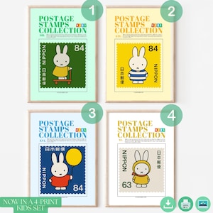 Miffy Kinderzimmer Wand Kunst 4er Set - Druckbare Wanddekoration - Niedliches Häschen Poster - Digital Download Baby Geschenk