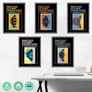 Schmetterling Stempel Wand Kunst Set - 5 Vintage Australien Briefmarken Drucke - Digitaler Download für Galeriewand, Natur & Sammler Dekor